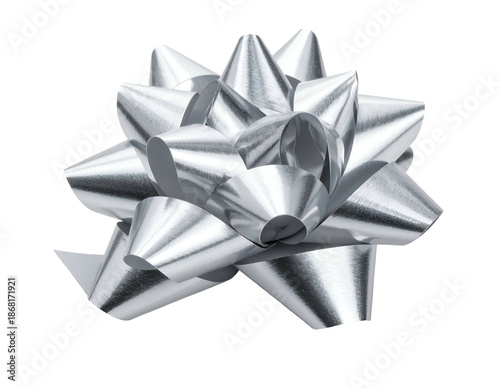 Shiny, silver bow in detail against a black background. Sharp folds create a starburst effect