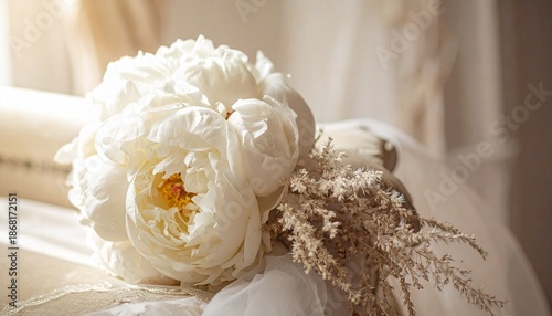 エレガントな白い花のブーケ（結婚式、贈り物、ホワイトベースの美しいイメージカット）