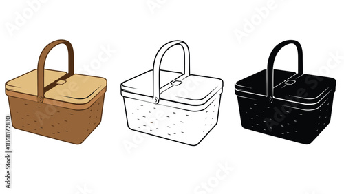 Three colorful picnic baskets with lids and handles on a white background