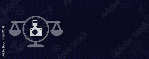 Photography Law and Media Copyright Concept with Scales of Justice and Camera Icon over Dark Hexagon Background with Copy Space Vector Illustration