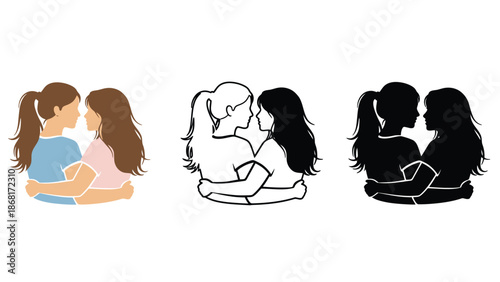 An illustration of two women embracing each other in different colors and styles
