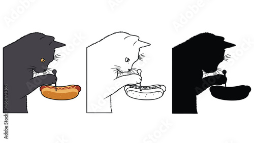 Three cartoon cats eating hot dogs in different colors and styles.