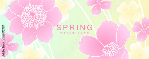 Spring floral background. Minimalist card cover template with abstract flowers. Art design for social media, banner, card, ads