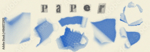 Retro Monochrome Halftone Dots Abstract Paper And Texture Elements Set Featuring Distressed Shapes, Artistic Blurs, And Stylized Typography, Inspired By Vintage Zine Aesthetics and Grunge Risograph Pr