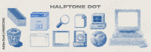 Retro Monochrome Halftone Dots Office And Technology Elements Set Featuring Globe, Document, Computer, Laptop, Printer, And Trash Can, Inspired By Vintage Newspaper Print Texture