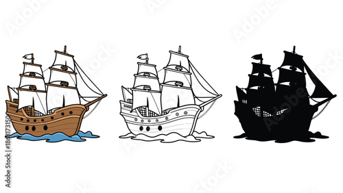 An illustration of three sailing ships in different colored versions on a white background