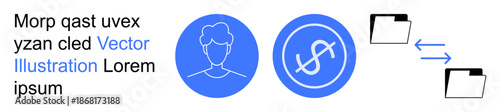 Digital transactions, data management, file sharing, user identity, financial concepts, technology. Blue icons of a user, dollar symbol and folder exchange. s digital transactions and data