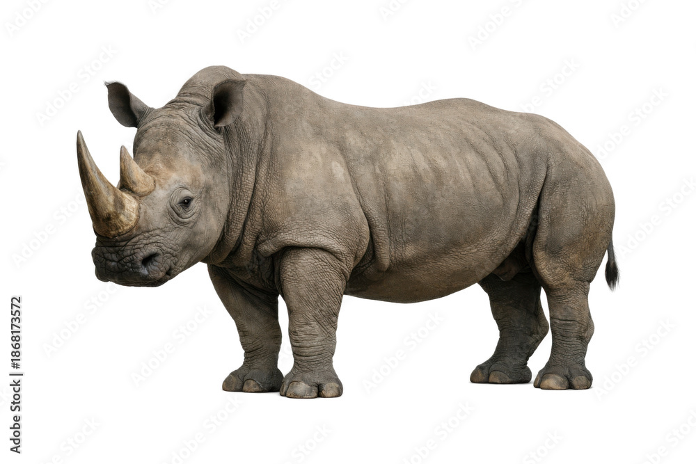 Obraz premium Full-body studio image of a rhinoceros standing in a natural pose, side view with strong body structure and detailed skin texture, isolated on a clean white background, suitable for wildlife