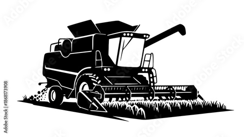 A black and white illustration of a combine harvester in a field of grass