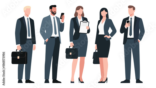 Modern flat vector illustration of a diverse business team. Men and women in formal suits, representing corporate staff and professional workforce