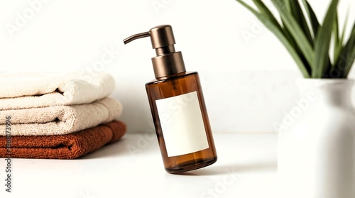 Amber glass soap dispenser with blank label sits beside stacked soft cotton towels and green plant decor.