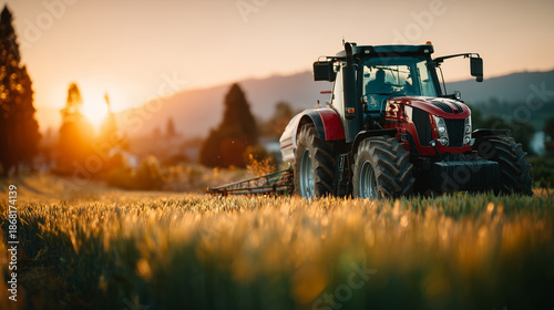 Modern red tractor spraying crops in wheat field at sunrise in scenic rural landscape