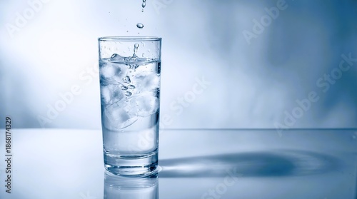 A single tall glass of clear water with ice cubes receives a final drop splashing gently onto the surface.