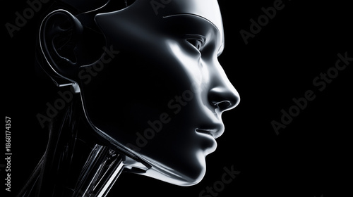 Side profile of a sleek humanoid robot head emerging from darkness, symbolizing advanced artificial intelligence and futuristic cognition.
