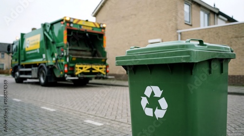 A green recycling bin with the universal symbol sits curb side awaiting collection by the sanitation truck.