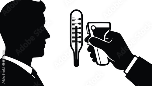 A man checking his temperature with a thermometer and a glass of liquid