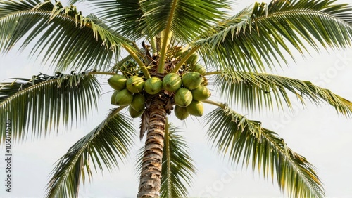 Palm tree with green coconuts against clear sky