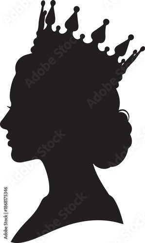 Silhouette of a queen wearing a crown in profile