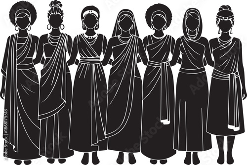 Silhouettes of diverse women in traditional african attire standing together