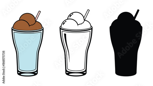 An illustration of three milkshakes in different styles and colors on a white background