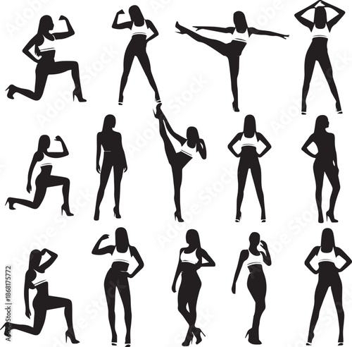 Fitness Woman Silhouette Collection, Athletic Girl in Sportswear and High Heels Posing, Gym Bodybuilding and Dance Action Vector Set
