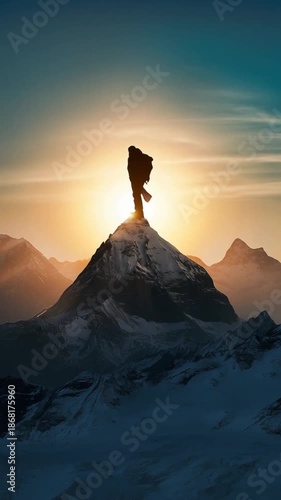 A man takes a step toward the top of a mountain and plants a flag. The camera zooms out. Vertical video footage about victories and achieving goals