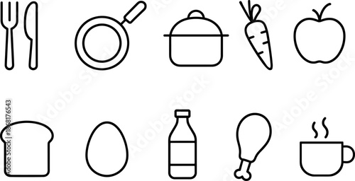 Food and cooking icons set. Kitchenware, ingredients, meal preparation outline symbols