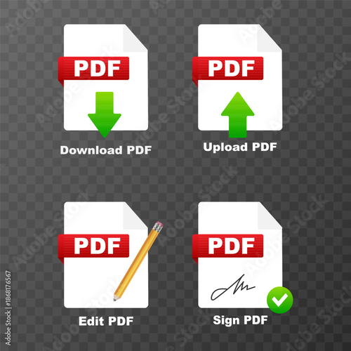 PDF File Actions Icons Set for Document Management.Vector illustration