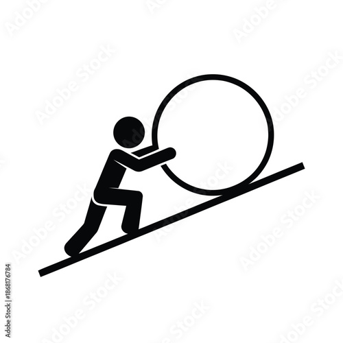 A simple illustration of a person struggling to push a large sphere uphill