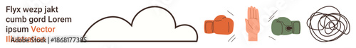 Conflict resolution, negotiation, decision-making, communication, problem-solving, teamwork. Cloud, fighting fists raised hand and tangled line. Conflict resolution and negotiation concepts