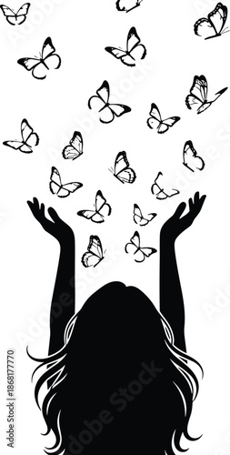 Black silhouette of a young girl with long hair reaching her hands up towards a swarm of flying butterflies for inspiration (21 words)