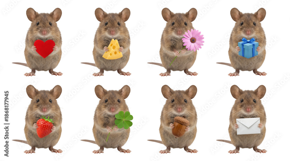 Fototapeta premium Little brown mouse set including variants holding heart, cheese, flower, gift, strawberry, clover, acorn, and letter isolated. Cute rodent character collection for seasonal greetings and holidays.