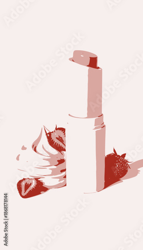 Smooth Creamy Pink Lipstick Surrounded by Whipped Cream and Fresh Strawberries on a Reflective White Surface for a Vibrant Makeup Showcase