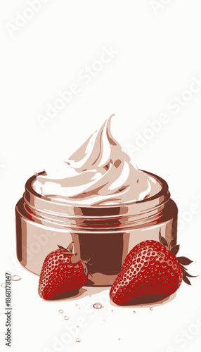 Luxurious whipped cream in an elegant rose gold jar surrounded by fresh strawberries, embodying a fusion of indulgence and natural fruity essence
