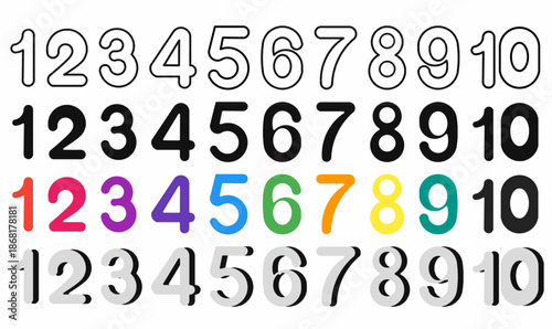 Number typography icon set from 1 to 10.1,2,3,4,5,6,7,8,9,10,one,two,three,four,five,six,seven,eight,nine,ten in outline, bold, colorful, and silhouette.for education, infographic,and graphic design