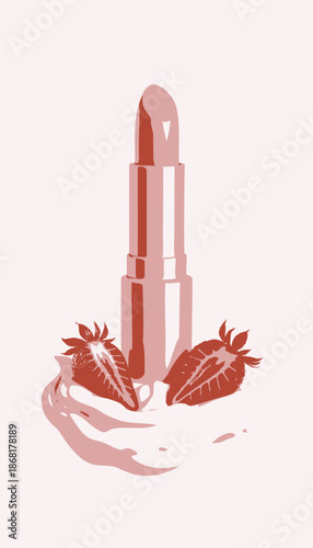 Elegant Pink Lipstick Surrounded by Creamy Swirls and Fresh Strawberries for a Luxurious and Refreshing Aesthetic
