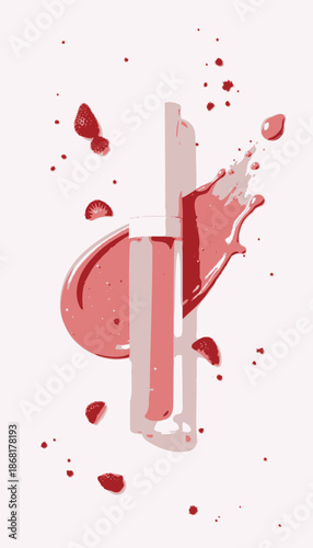 Luxurious pink lip gloss surrounded by scattered strawberry slices and artistic splash on a white backdrop, exuding elegance and freshness