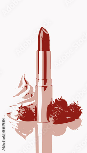 Elegant Red Lipstick with Fresh Strawberries and Whipped Cream Swirl on Reflective Surface Background