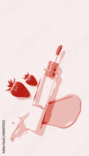 Vibrant Strawberry-Inspired Gloss with Smooth Applicator Wand and Juicy Color Splash on Minimalistic Background