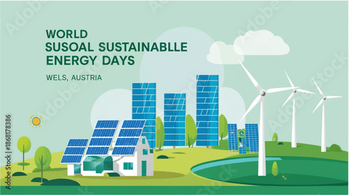 A professional banner for the "World Sustainable Energy Days" in Wels, Austria. The illustration showcases a modern green landscape integrated with clean technology, including solar panels, 