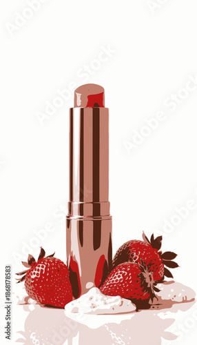 Luxurious coral lipstick with a rose-gold casing surrounded by fresh strawberries and creamy dollops, highlighting the theme of natural beauty and indulgence