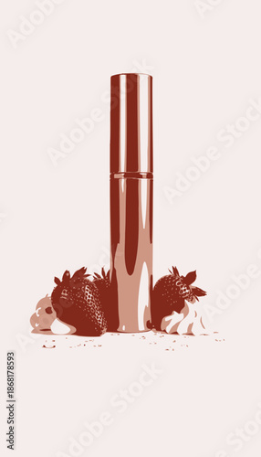 Luxurious Rose Gold Lipstick Surrounded by Fresh Strawberries and Whipped Cream for a Sophisticated and Delicious Aesthetic Appeal