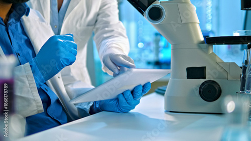 Tableau sur toile In a lab, a researcher in a white coat and blue gloves examines a document beside a microscope, highlighting precision and the critical role of documentation in medical research