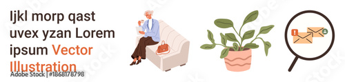 Senior lifestyle, home decor, postal services, online communication, mail security, investigative concepts. Elderly woman on sofa, potted plant magnifying glass on an envelope. Senior lifestyle