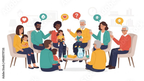 Diverse family members in a group discussion sharing ideas and emotions with speech bubbles flat vector illustration for comm