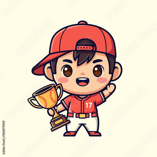 A cartoon boy in baseball uniform holding a trophy and waving happily