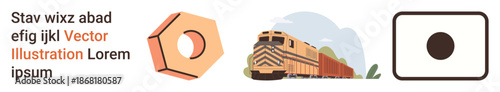 Transportation, industrial mechanisms, logistics, mechanical engineering, icons, graphic elements. Train with cargo, hex nut and geometric shape. Transportation and industrial mechanisms concept