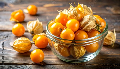 Glass container of golden cape gooseberries with papery husks on rustic wooden surface
