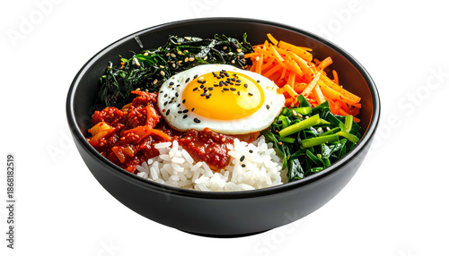 Colorful Korean dish with rice, egg, veggies, and sauce in a black bowl