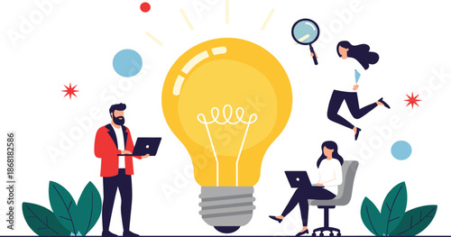 Creative idea and innovation concept with people working around light bulb symbol isolated on white modern flat vector illustration